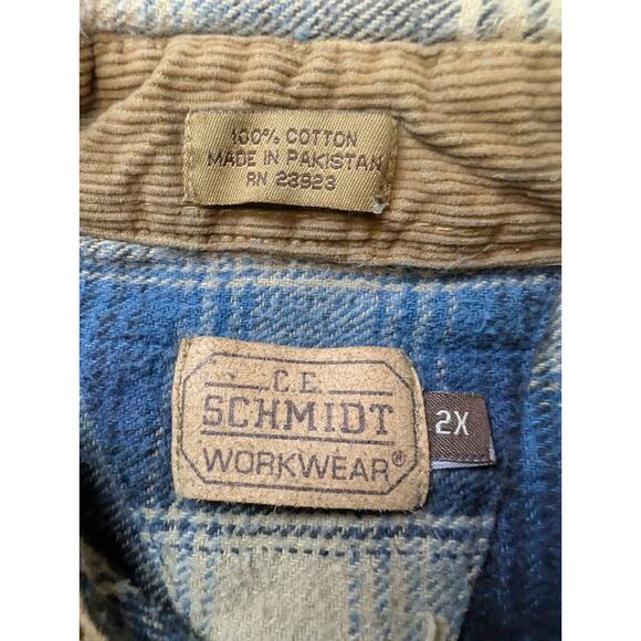VTG 90s CE Schmidt Shirt Mens 2XL Blue Plaid Flannel Outdoor Barn Chore Shacket - Picture 4 of 7